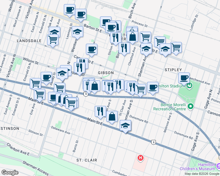 map of restaurants, bars, coffee shops, grocery stores, and more near 29 Holton Avenue North in Hamilton