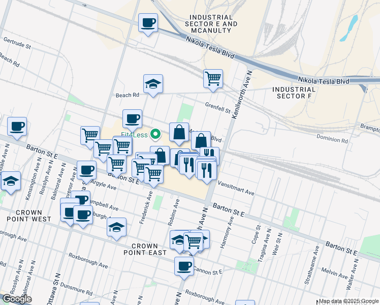 map of restaurants, bars, coffee shops, grocery stores, and more near 1267 Barton Street East in Hamilton