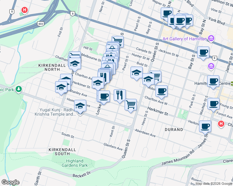 map of restaurants, bars, coffee shops, grocery stores, and more near 250 Herkimer Street in Hamilton