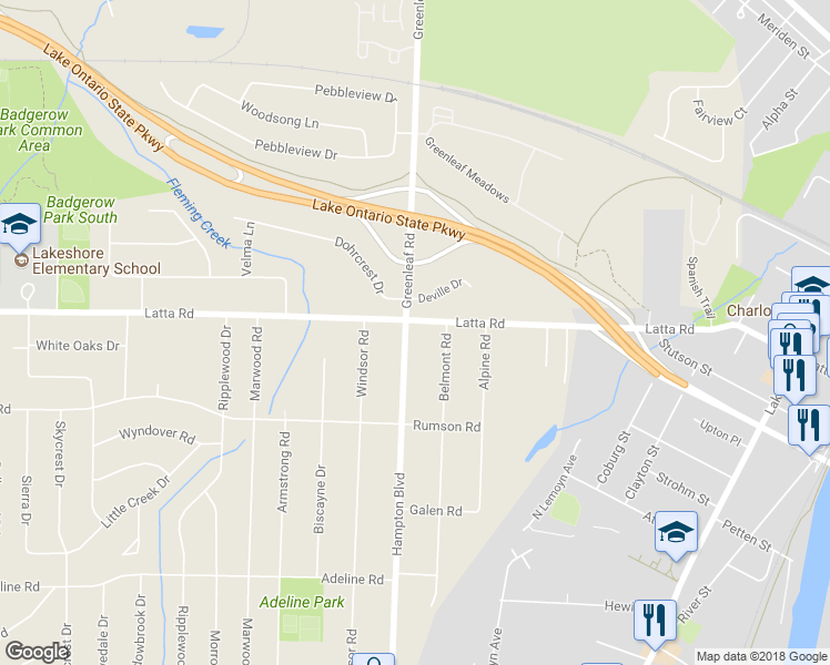 map of restaurants, bars, coffee shops, grocery stores, and more near 647 Latta Road in Rochester