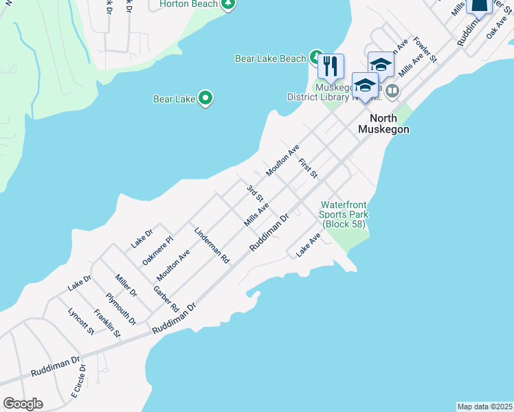 map of restaurants, bars, coffee shops, grocery stores, and more near 918 Mills Avenue in Muskegon