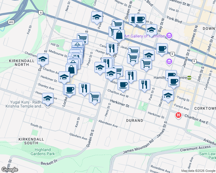 map of restaurants, bars, coffee shops, grocery stores, and more near 225 Queen Street South in Hamilton