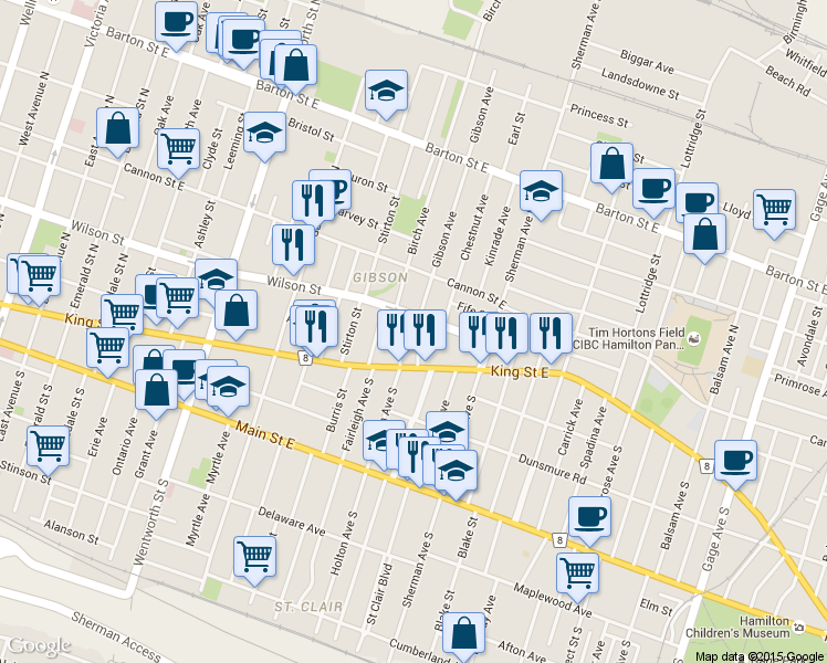 map of restaurants, bars, coffee shops, grocery stores, and more near 32 Gibson Avenue in Hamilton