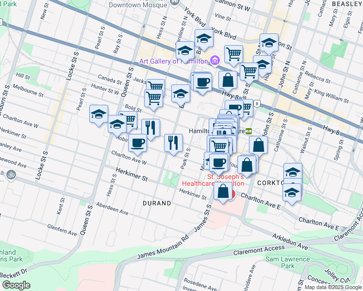 map of restaurants, bars, coffee shops, grocery stores, and more near in Hamilton