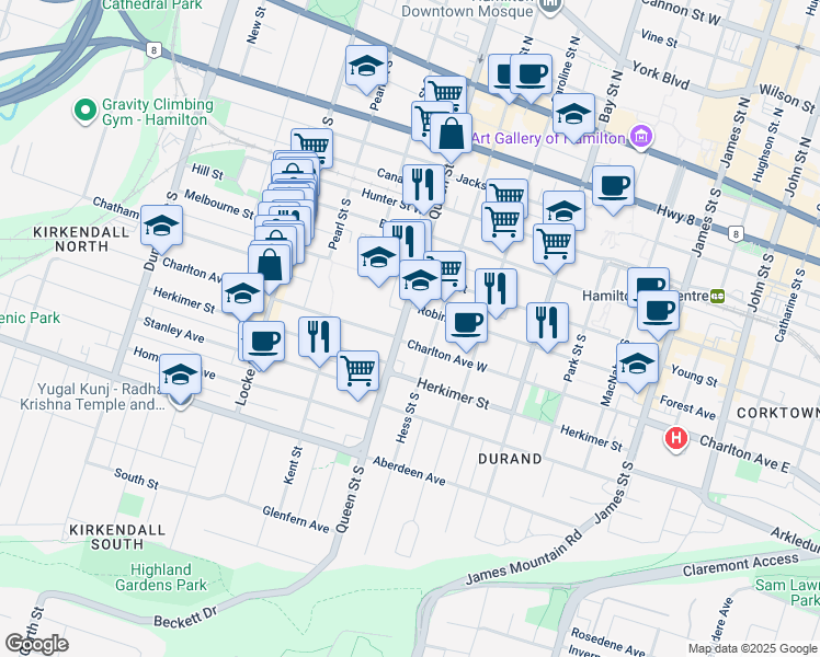map of restaurants, bars, coffee shops, grocery stores, and more near in Hamilton