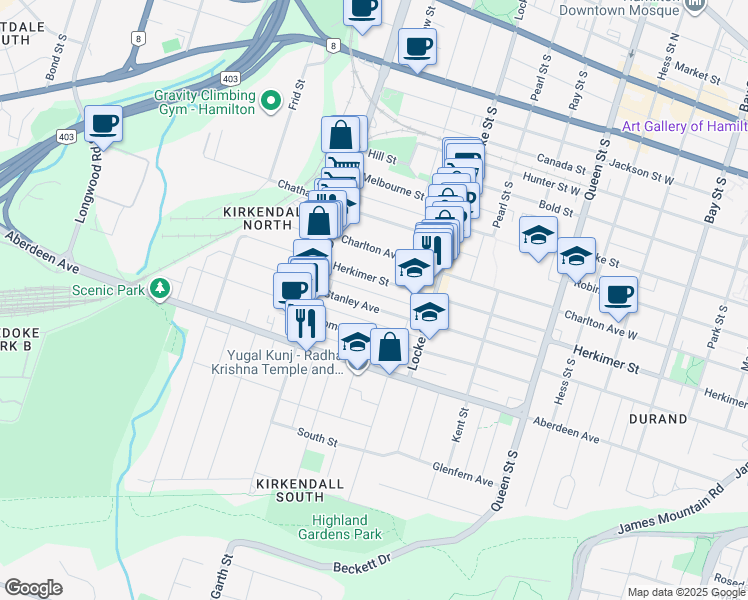 map of restaurants, bars, coffee shops, grocery stores, and more near 170 Stanley Avenue in Hamilton
