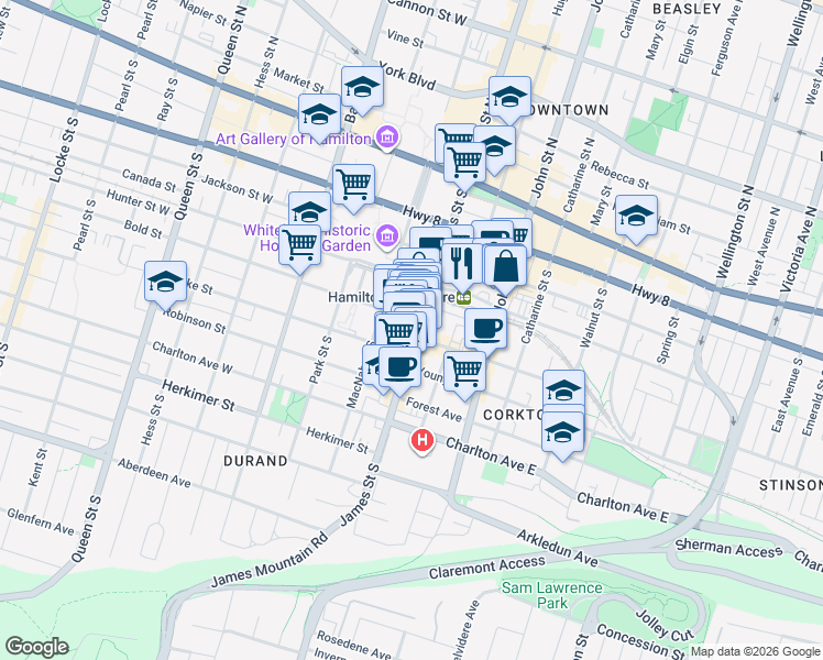 map of restaurants, bars, coffee shops, grocery stores, and more near 146 James Street South in Hamilton