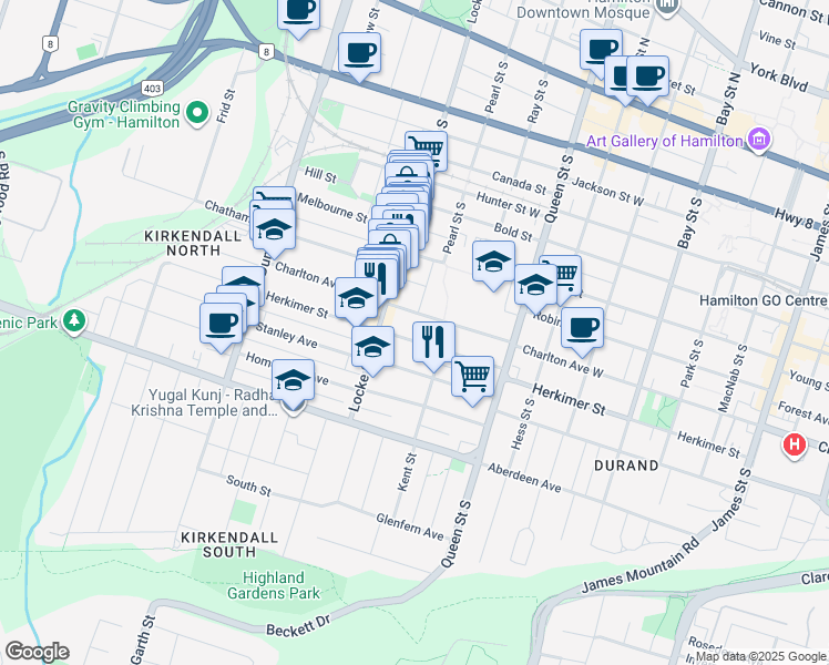 map of restaurants, bars, coffee shops, grocery stores, and more near 256 Herkimer Street in Hamilton