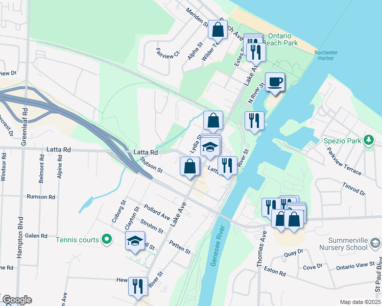 map of restaurants, bars, coffee shops, grocery stores, and more near 85 Lydia Street in Rochester