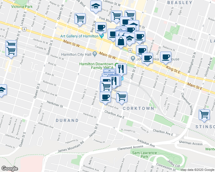 map of restaurants, bars, coffee shops, grocery stores, and more near 146 James Street South in Hamilton