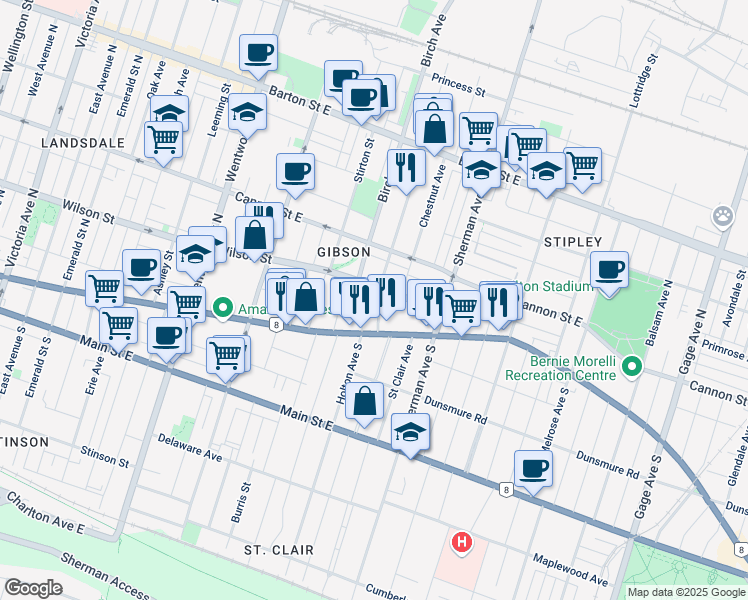 map of restaurants, bars, coffee shops, grocery stores, and more near 29 Gibson Avenue in Hamilton