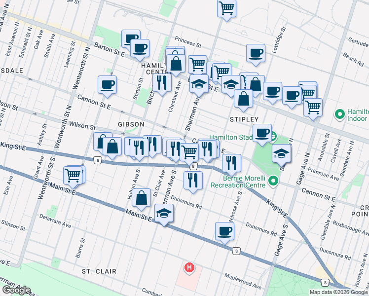 map of restaurants, bars, coffee shops, grocery stores, and more near 38 Sherman Avenue North in Hamilton