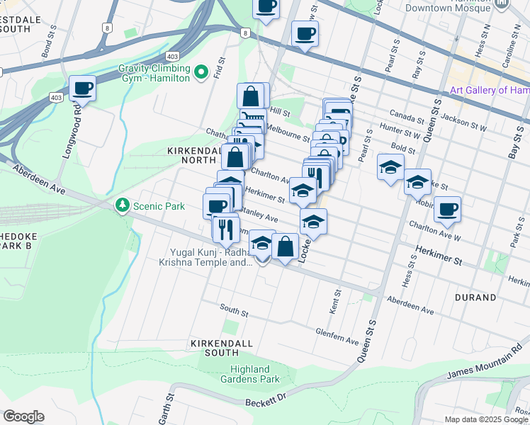 map of restaurants, bars, coffee shops, grocery stores, and more near 170 Stanley Avenue in Hamilton