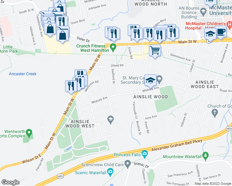 map of restaurants, bars, coffee shops, grocery stores, and more near 340 Whitney Avenue in Hamilton