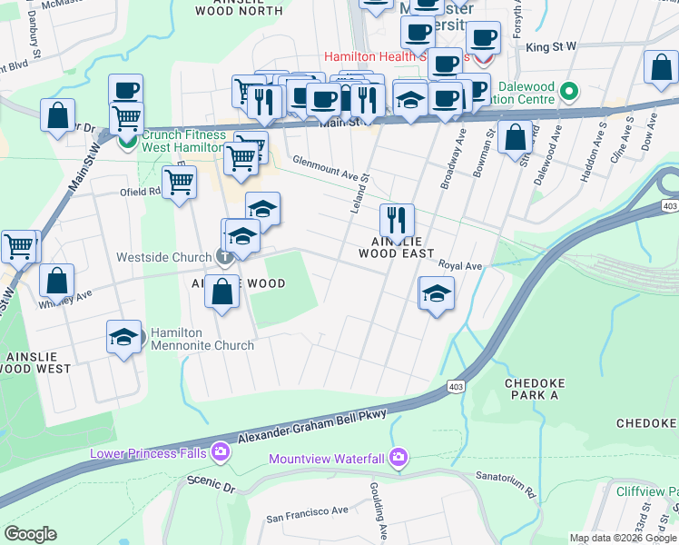 map of restaurants, bars, coffee shops, grocery stores, and more near 111 Leland Street in Hamilton