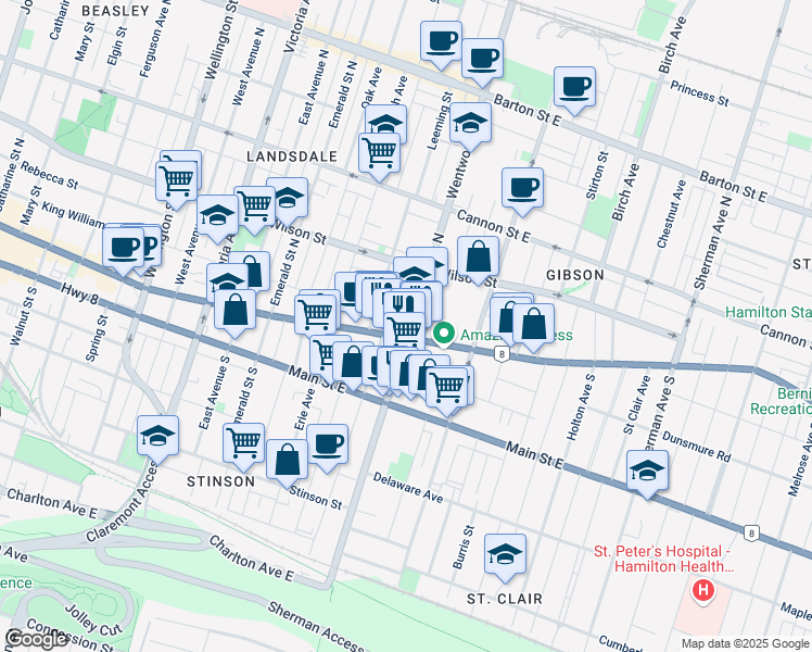 map of restaurants, bars, coffee shops, grocery stores, and more near 9 Wentworth Street North in Hamilton