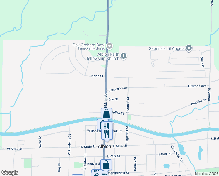 map of restaurants, bars, coffee shops, grocery stores, and more near 249 North Main Street in Albion