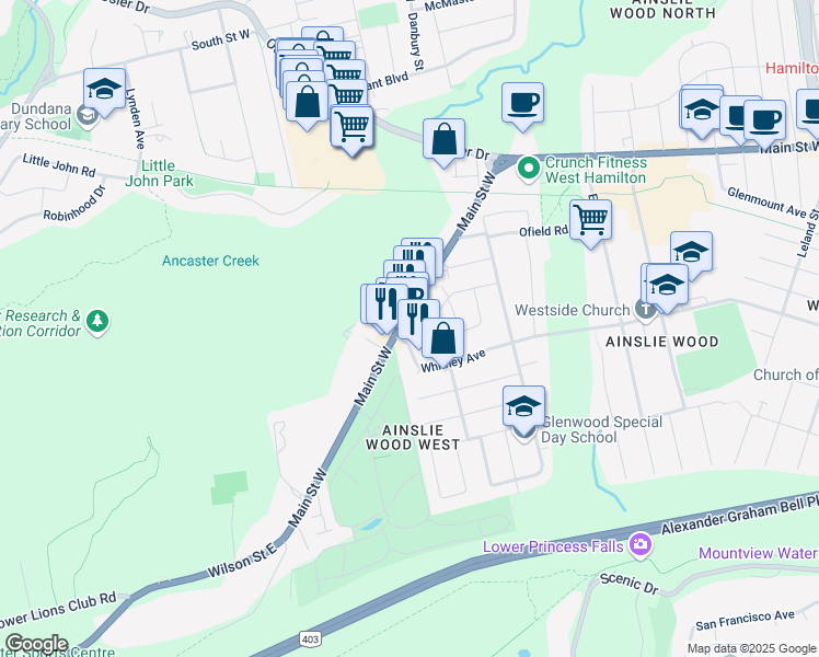 map of restaurants, bars, coffee shops, grocery stores, and more near 1831 Main Street West in Hamilton