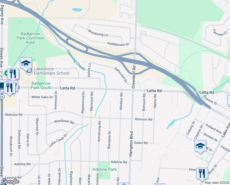 map of restaurants, bars, coffee shops, grocery stores, and more near 745 Latta Road in Rochester
