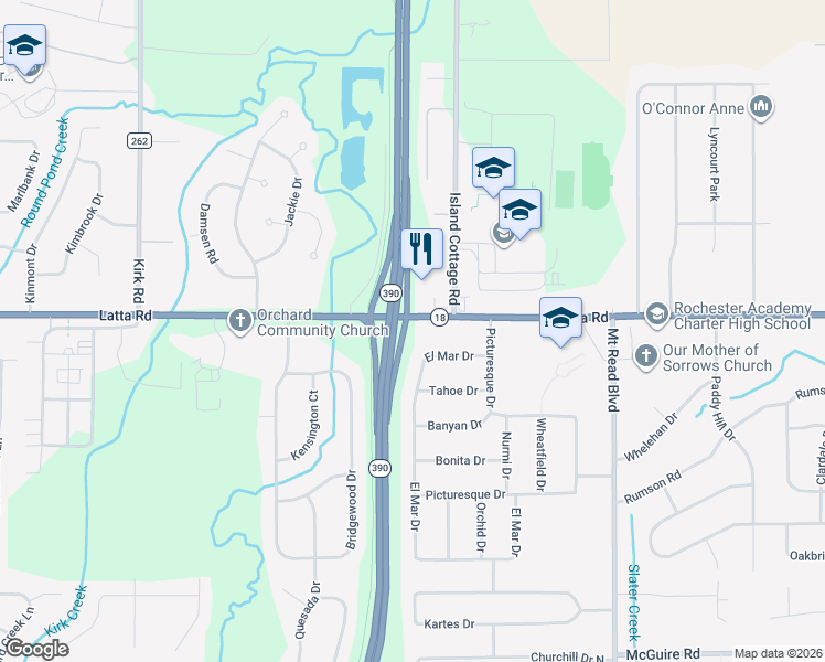 map of restaurants, bars, coffee shops, grocery stores, and more near 2081 Latta Road in Rochester