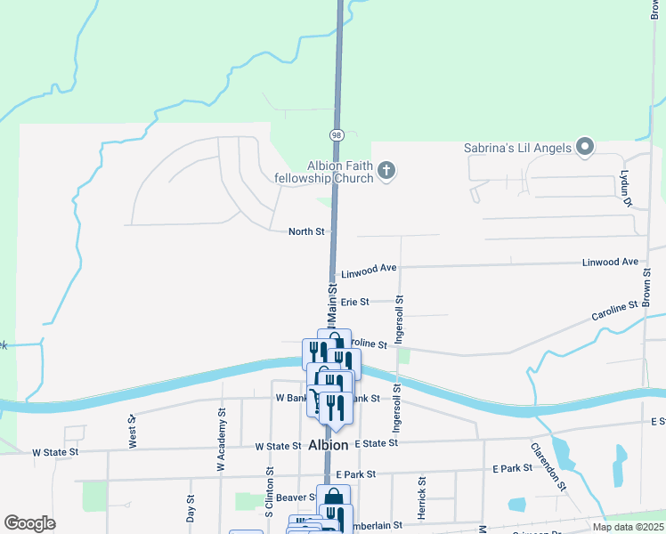 map of restaurants, bars, coffee shops, grocery stores, and more near 249 North Main Street in Albion