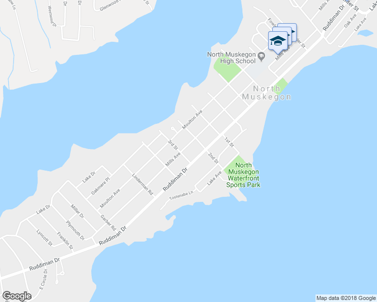 map of restaurants, bars, coffee shops, grocery stores, and more near 1005 Mills Avenue in Muskegon