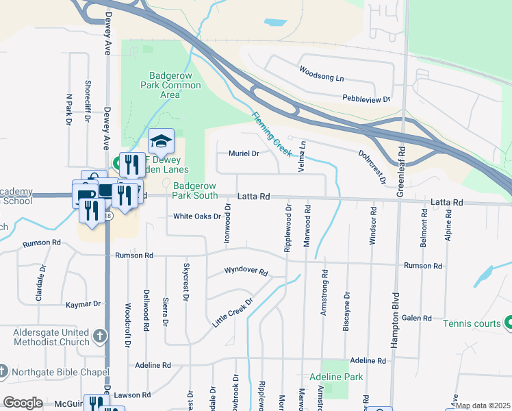 map of restaurants, bars, coffee shops, grocery stores, and more near 981 Latta Road in Rochester