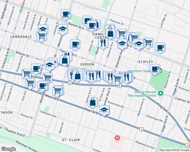 map of restaurants, bars, coffee shops, grocery stores, and more near 31 Gibson Avenue in Hamilton