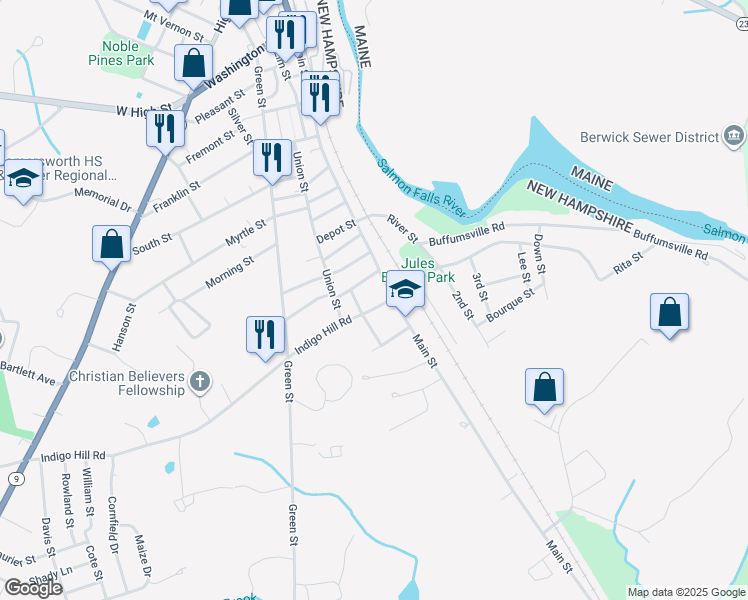 map of restaurants, bars, coffee shops, grocery stores, and more near 324 Main Street in Somersworth