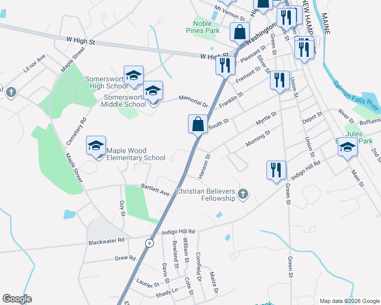 map of restaurants, bars, coffee shops, grocery stores, and more near 268 High Street in Somersworth
