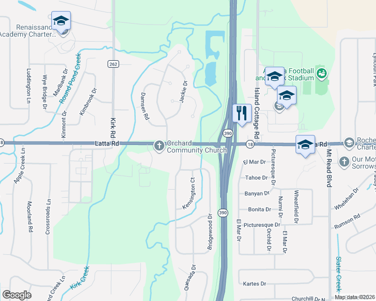 map of restaurants, bars, coffee shops, grocery stores, and more near 2219 Latta Road in Rochester