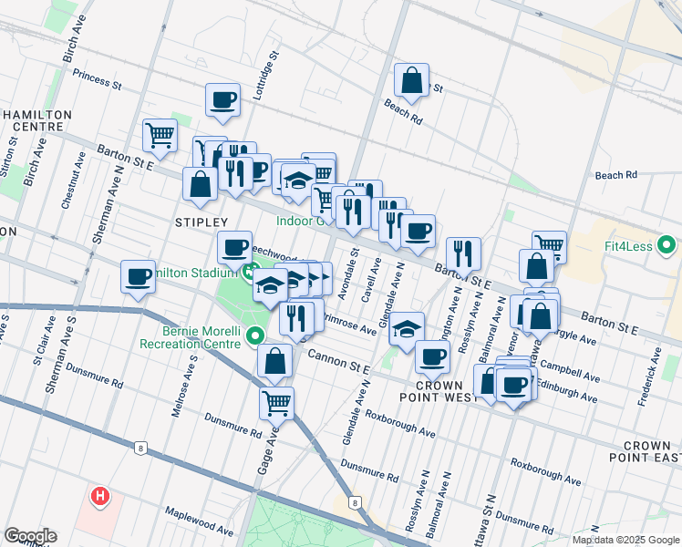 map of restaurants, bars, coffee shops, grocery stores, and more near in Hamilton