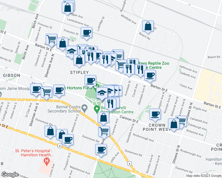 map of restaurants, bars, coffee shops, grocery stores, and more near 134 Balsam Avenue North in Hamilton