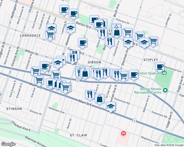 map of restaurants, bars, coffee shops, grocery stores, and more near in Hamilton