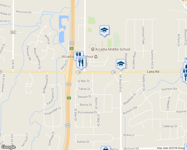 map of restaurants, bars, coffee shops, grocery stores, and more near 1941 Latta Road in Rochester