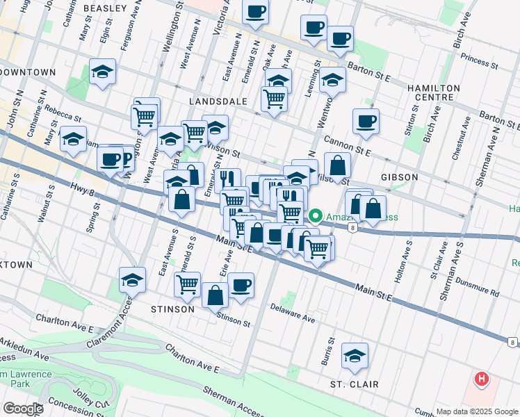 map of restaurants, bars, coffee shops, grocery stores, and more near 595 King Street East in Hamilton