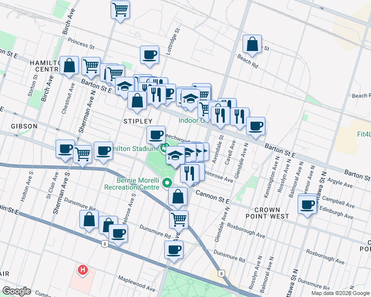 map of restaurants, bars, coffee shops, grocery stores, and more near 134 Balsam Avenue North in Hamilton