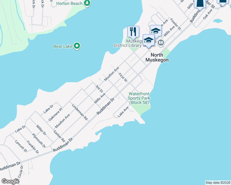 map of restaurants, bars, coffee shops, grocery stores, and more near 1005 Mills Avenue in Muskegon