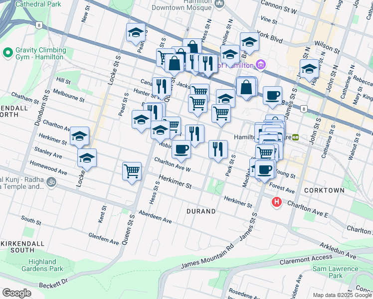 map of restaurants, bars, coffee shops, grocery stores, and more near 144 Robinson Street in Hamilton