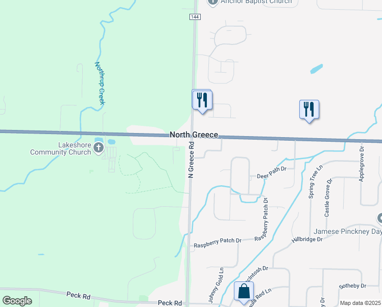 map of restaurants, bars, coffee shops, grocery stores, and more near 3719 Latta Road in North Greece
