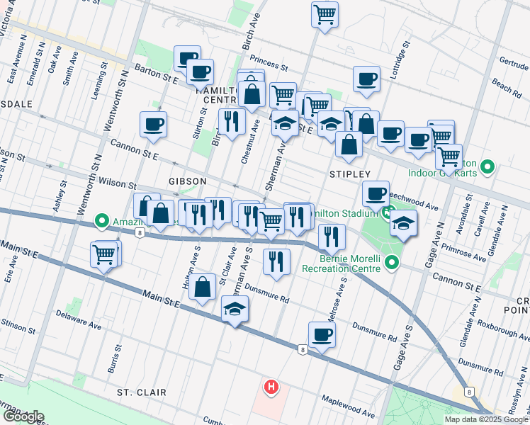 map of restaurants, bars, coffee shops, grocery stores, and more near 42 Sherman Avenue North in Hamilton