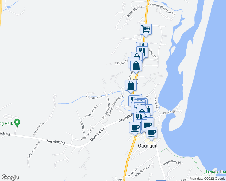 map of restaurants, bars, coffee shops, grocery stores, and more near 19 Valleybrook Road in Ogunquit