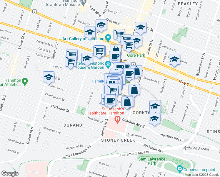 map of restaurants, bars, coffee shops, grocery stores, and more near 21 Bold Street in Hamilton