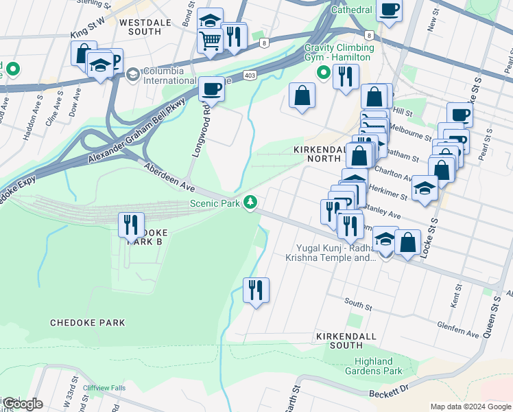 map of restaurants, bars, coffee shops, grocery stores, and more near 564 Aberdeen Avenue in Hamilton