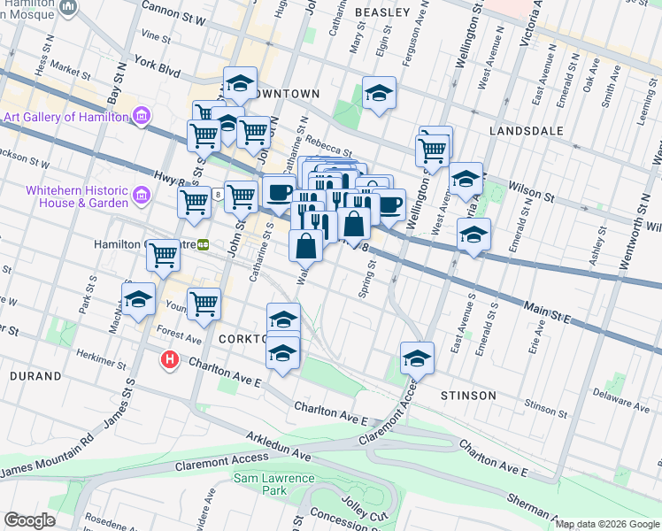 map of restaurants, bars, coffee shops, grocery stores, and more near 182 Jackson Street East in Hamilton