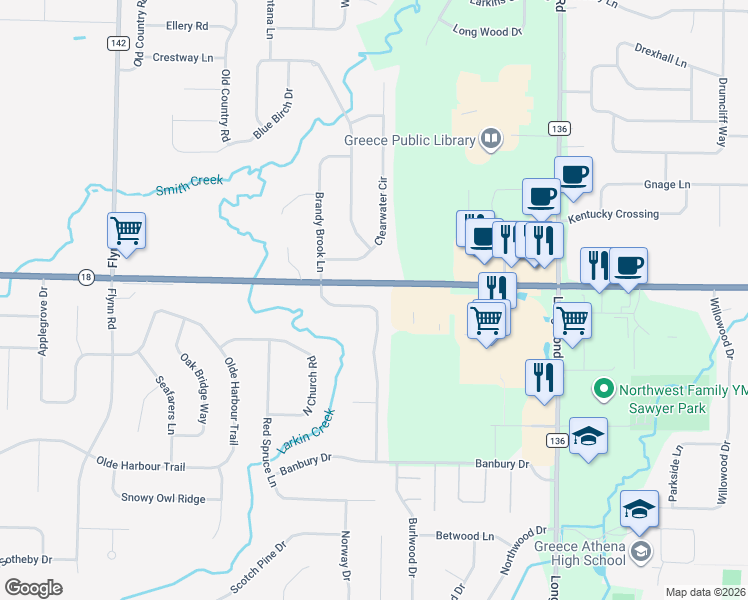 map of restaurants, bars, coffee shops, grocery stores, and more near 50 Torrey Pine Drive in Rochester