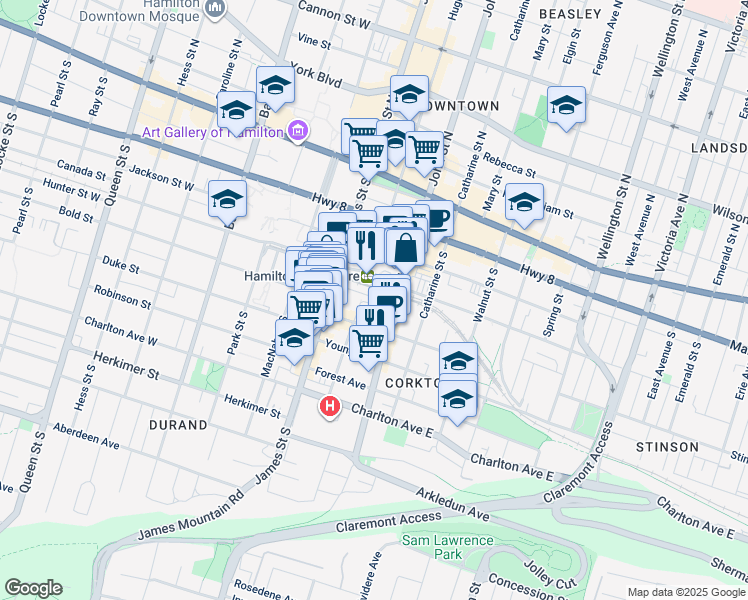 map of restaurants, bars, coffee shops, grocery stores, and more near 11 Haymarket Street in Hamilton