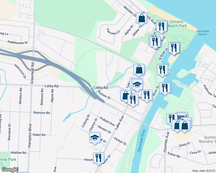 map of restaurants, bars, coffee shops, grocery stores, and more near 23 Spanish Trail in Rochester