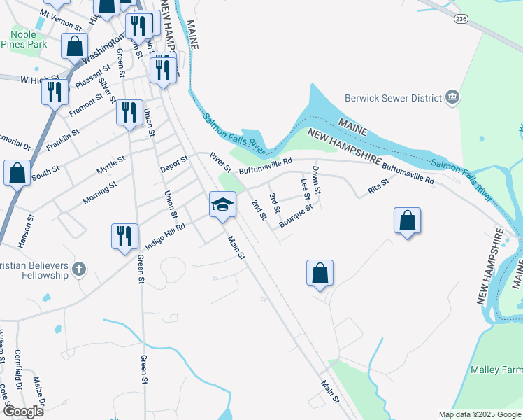map of restaurants, bars, coffee shops, grocery stores, and more near 20 2nd Street in Somersworth