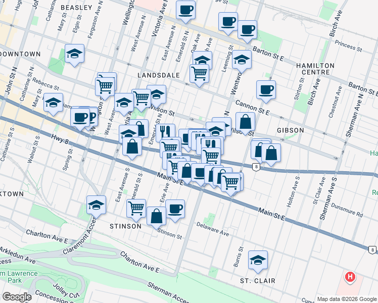 map of restaurants, bars, coffee shops, grocery stores, and more near 595 King Street East in Hamilton